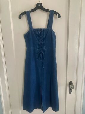 GAP Blue Denim Midi Dress with Lace-Up Front